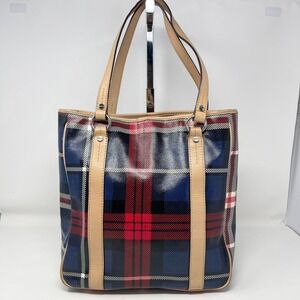 Tommy‎ Hilfiger Tote Blue Red Plaid Coated Canvas Tan Leather Trim Preppy Y2K